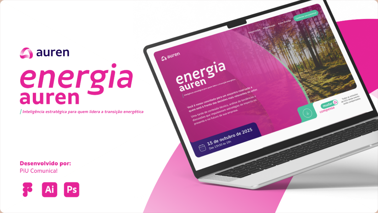 Identidade Energia Auren e notebook exibindo a landing page do encontro de 2025, com layout em rosa e fotografia de uma floresta.