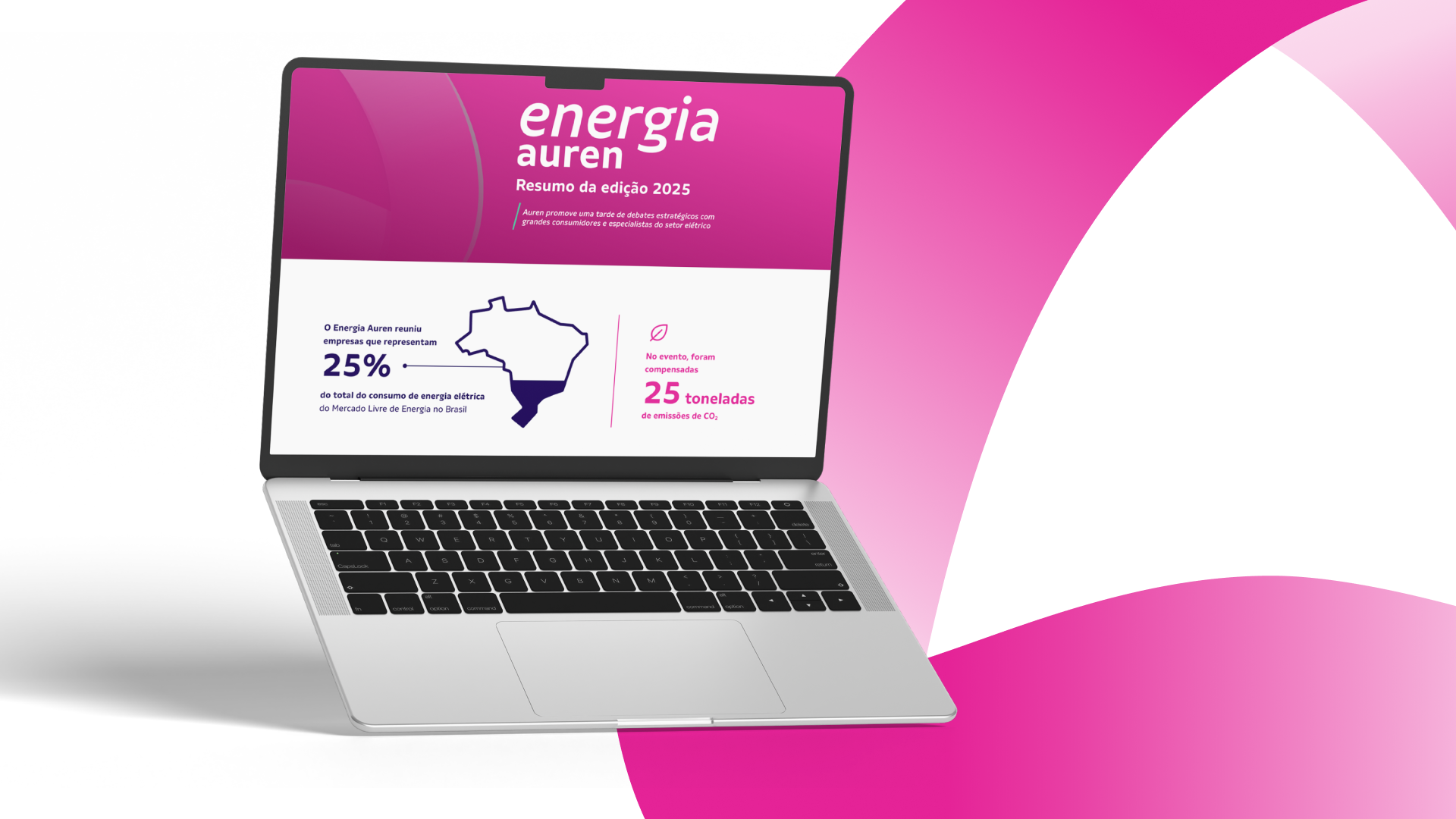 Notebook exibindo o e-mail de resumo do Energia Auren 2025, com mapa do Brasil e indicadores de consumo de energia e compensação de emissões.