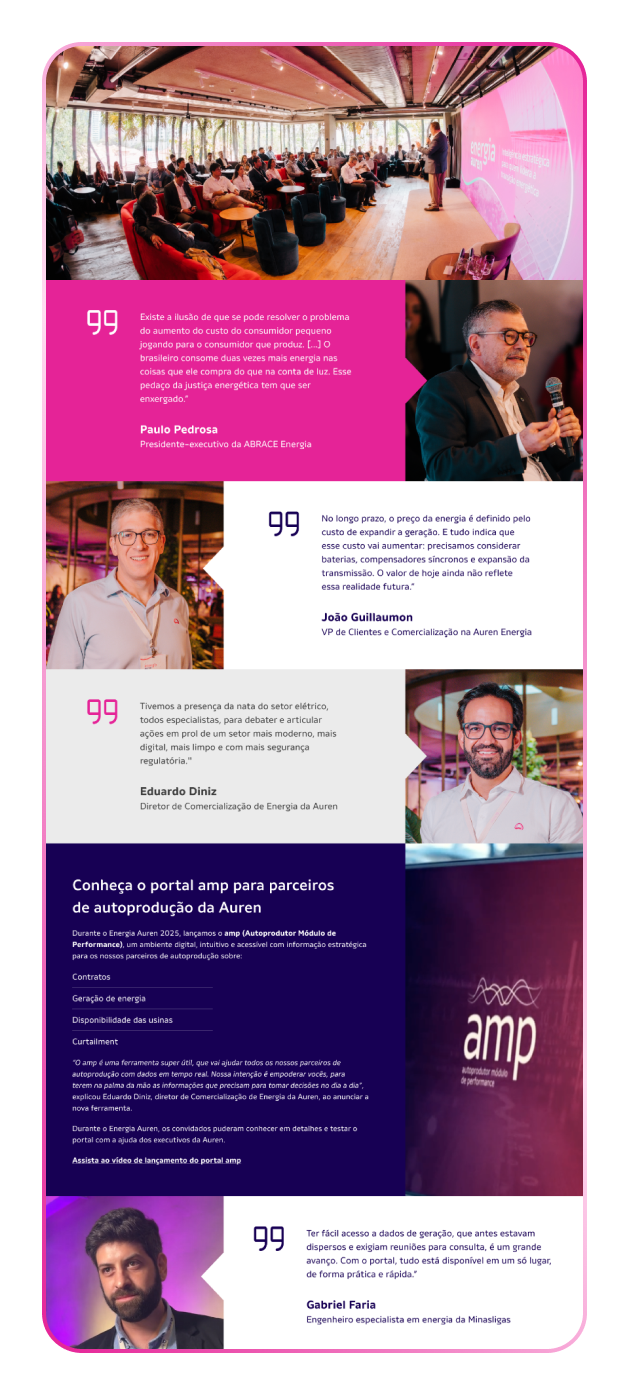 Peça de e-mail marketing com fotografia da plateia, retratos e citações de participantes e apresentação do Portal AMP para autoprodutores.