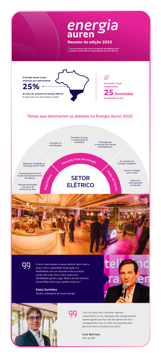 Peça de resumo do Energia Auren 2025 com indicadores, gráfico dos temas do setor elétrico, fotografia do encontro e citações de Fábio Zanfelice e Luiz Barroso.