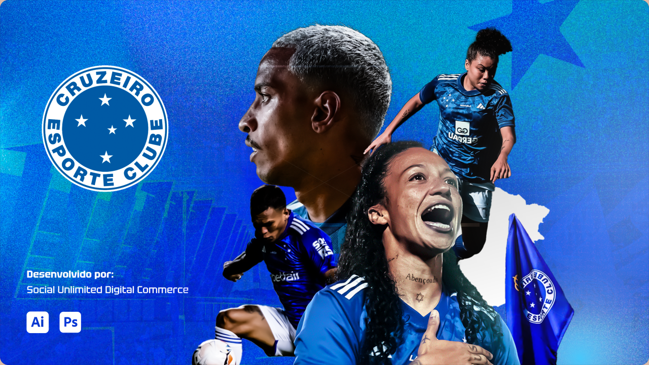 Peça principal da campanha do Cruzeiro com jogadores e jogadoras do clube.