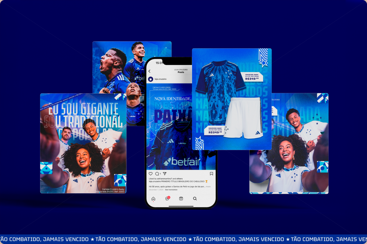 Composição de peças digitais e produtos da campanha do Cruzeiro.