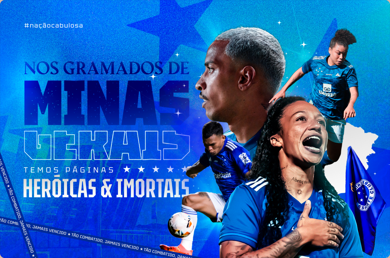 Campanha azul do Cruzeiro com chamada sobre os jogadores do time.