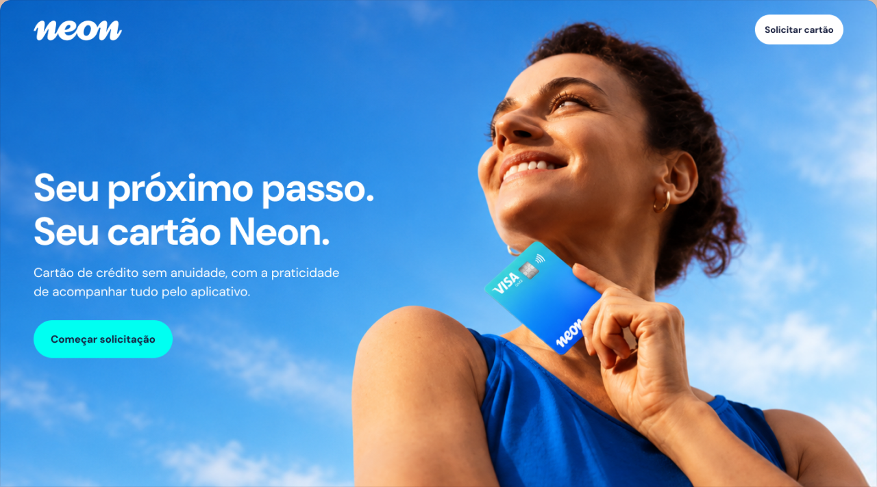 Landing page Neon com benefícios do cartão, Viracrédito, etapas de solicitação e perguntas frequentes.