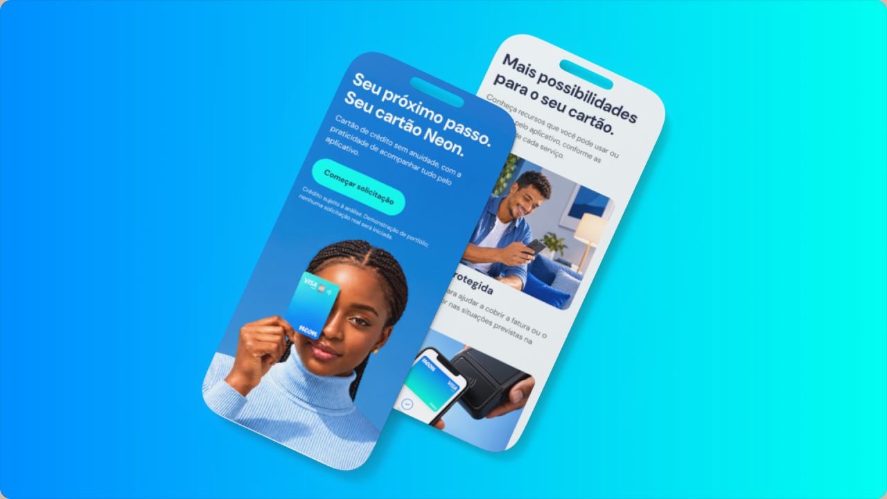 Dois cartões digitais Neon inclinados sobre fundo em degradê azul e ciano.