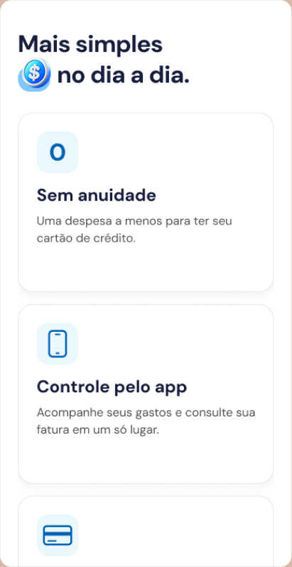 Seção de benefícios do cartão Neon com opções sem anuidade, controle pelo app e cartão virtual.