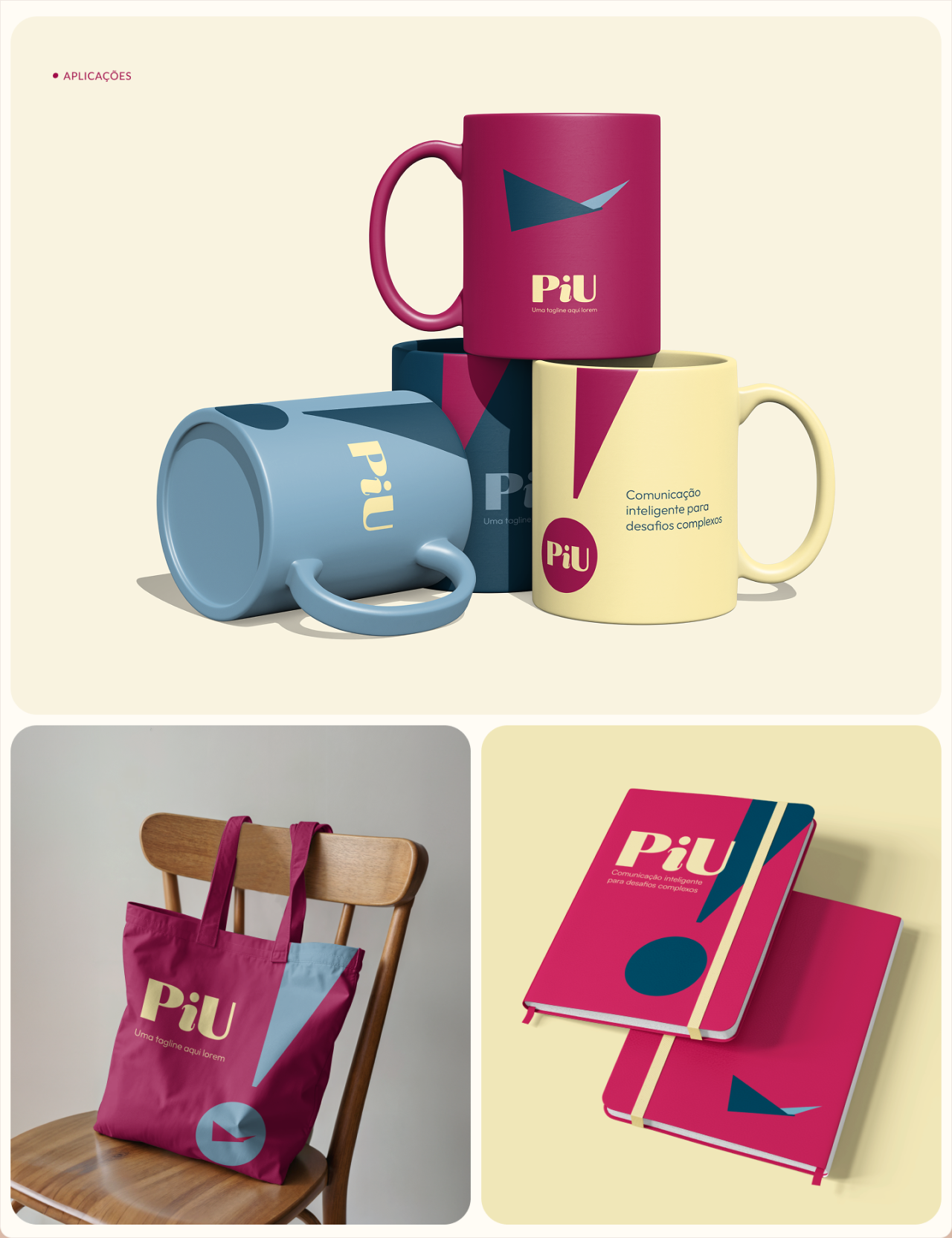 Composição de produtos promocionais PiU, incluindo canecas, bolsa e cadernos com a identidade visual da marca.