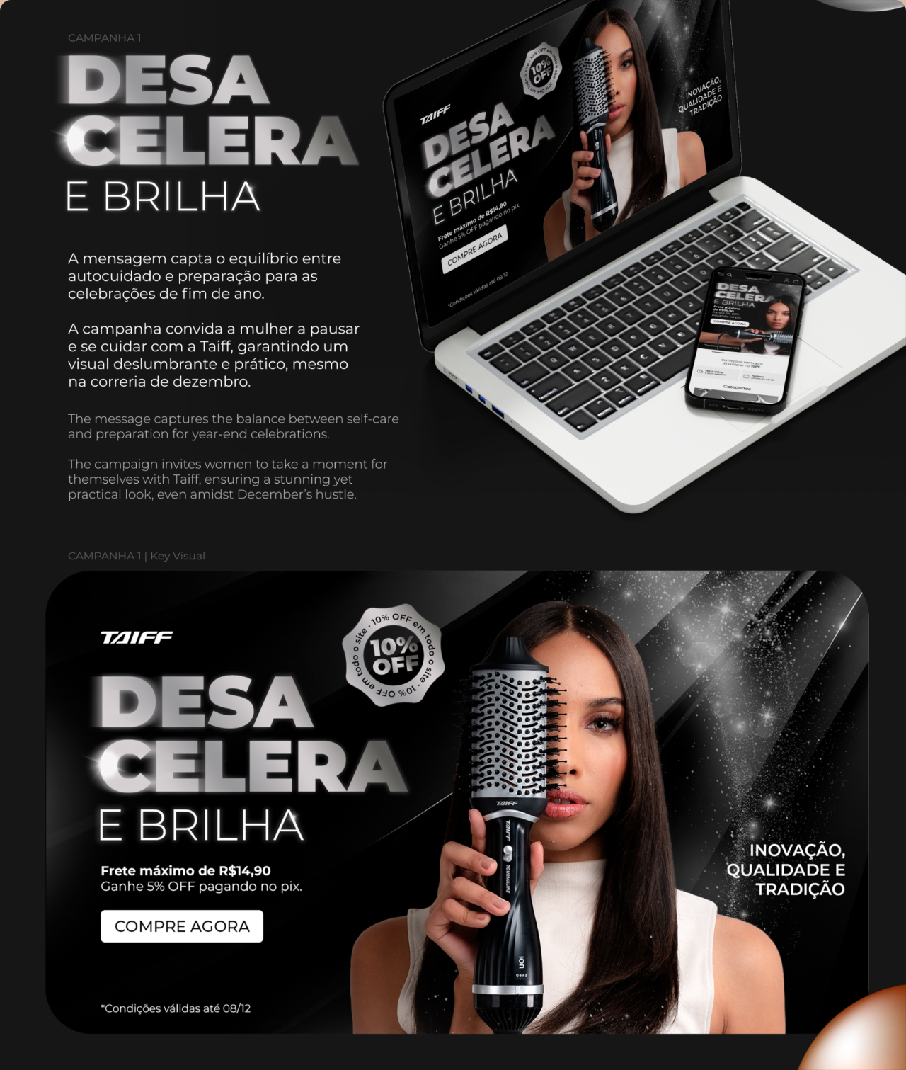 Campanha Taiff Desacelera e Brilha com produtos para cabelo e modelo.