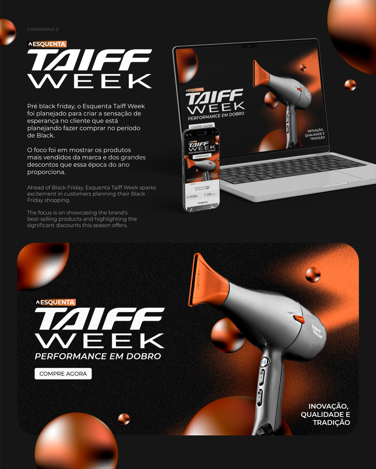 Peças da campanha Taiff Week com produtos e ferramentas para cabelo.