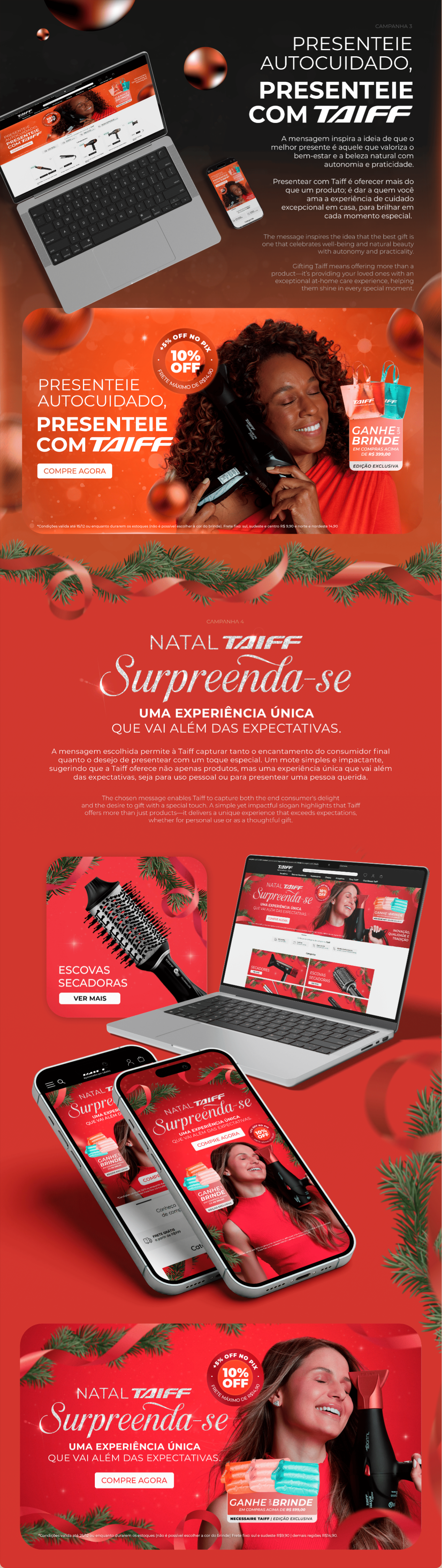 Campanha de Natal Taiff com peças digitais e produtos para cabelo.