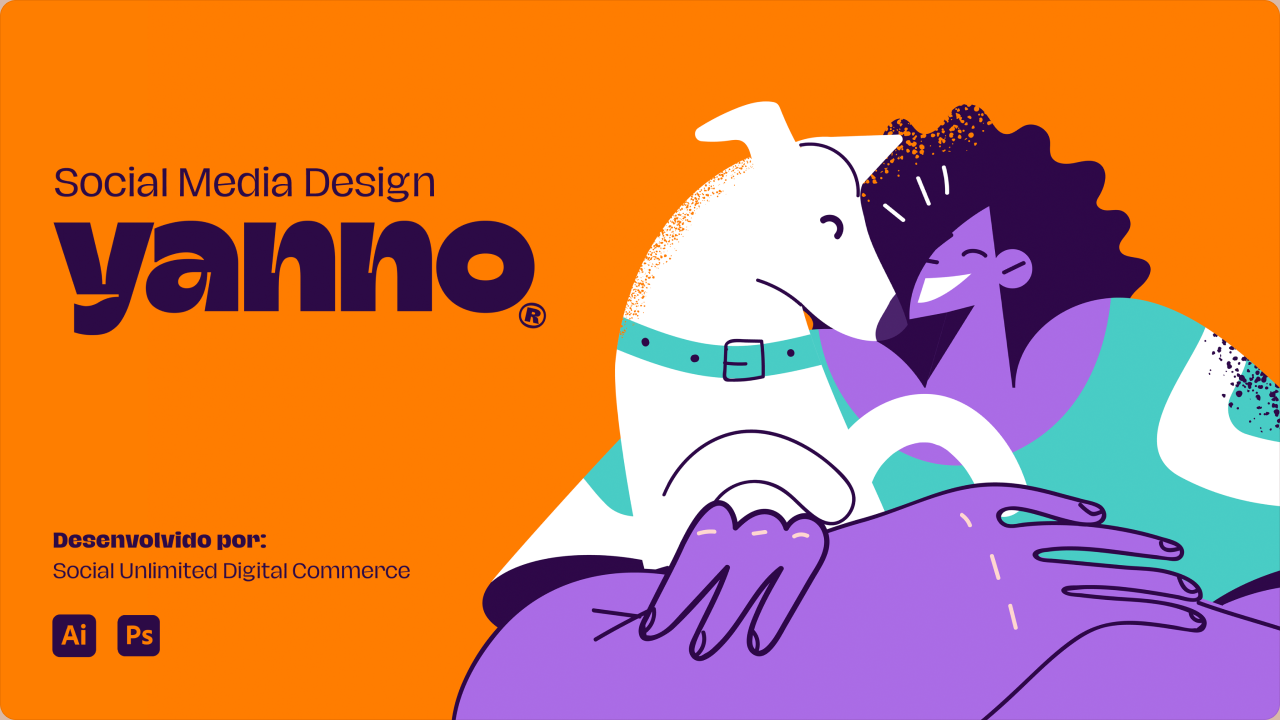 Peça de campanha Yanno Pet com identidade laranja e ilustração de pets.