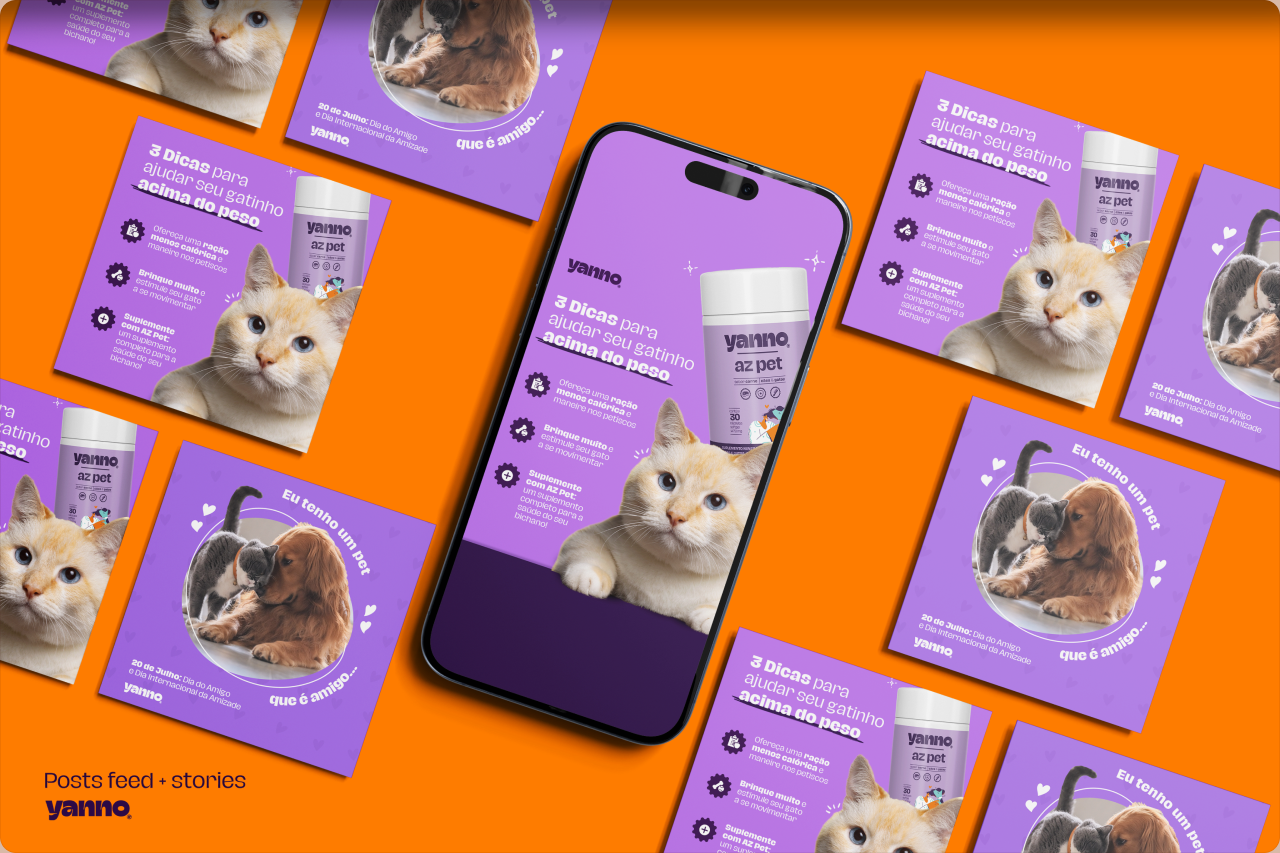Peças para redes sociais Yanno Pet com produtos e animais.