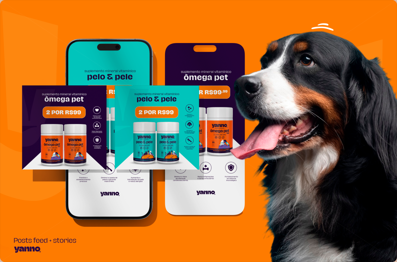 Apresentação de suplementos Yanno Pet em dispositivos móveis ao lado de um cão.