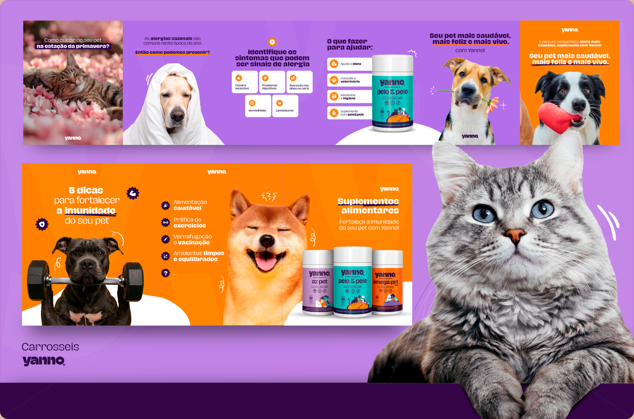 Grade de peças digitais Yanno Pet com cães, gatos e suplementos.